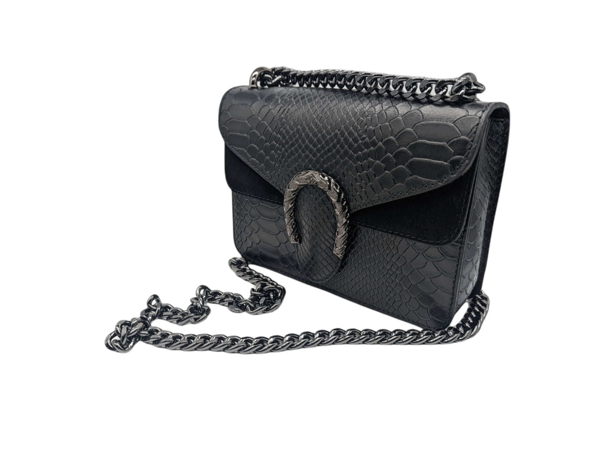 Italian Designer Leather Crossbody Bag with Horseshoe - Swolit Camilla Snake- Black