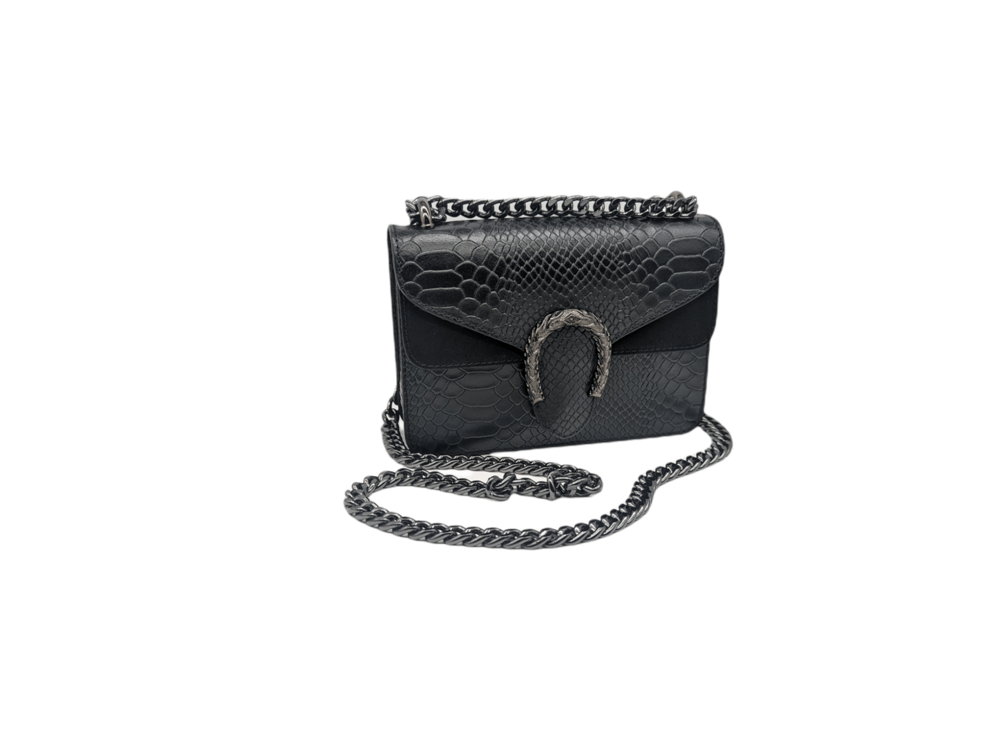 Italian Designer Leather Crossbody Bag with Horseshoe - Swolit Camilla Snake- Black