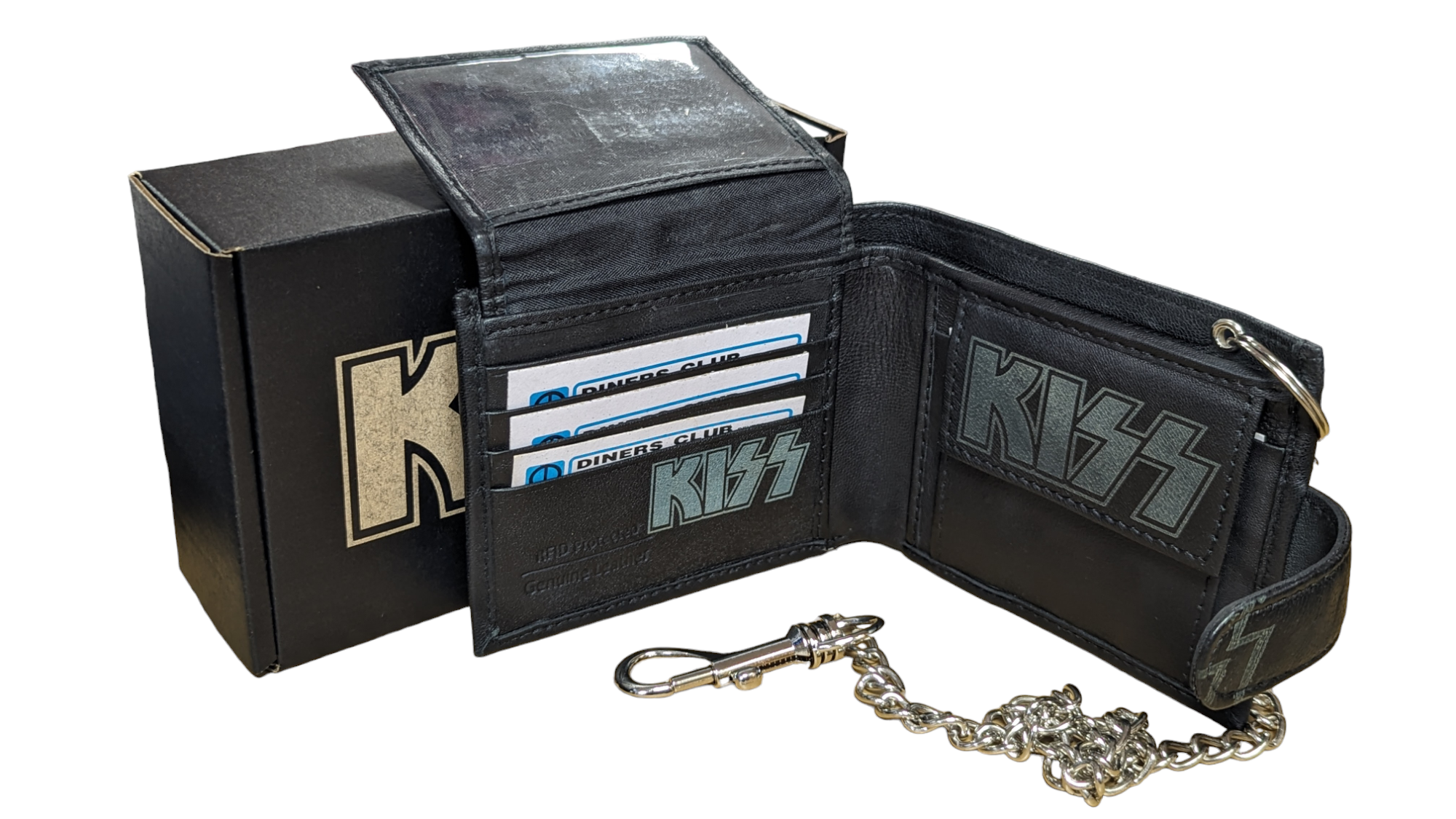 Genuine Leather, Kiss Biker Wallet with RFID , w/wo Safety Chain Gift boxed