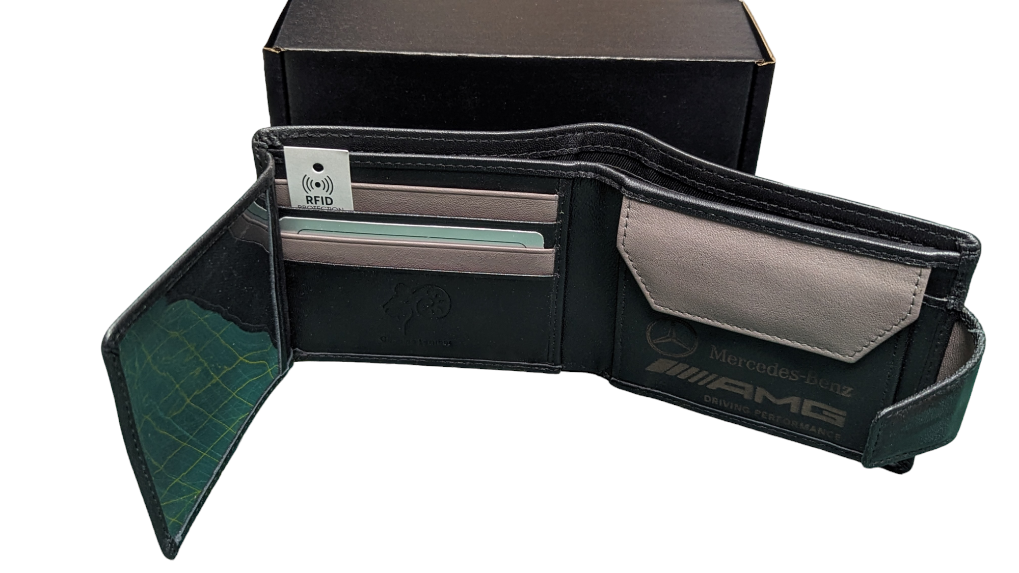 Black Elite Genuine Leather, Mercedes AMG Wallet with Rfid Blocker Stitch De Gift Boxed