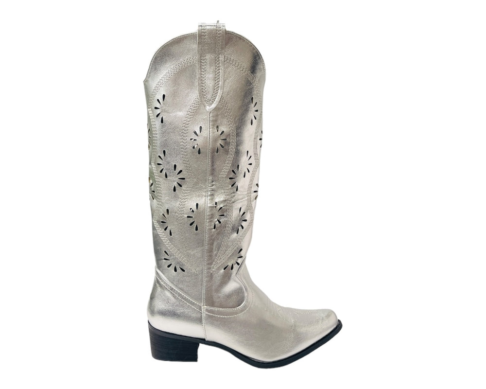 Embroidered Laser Cut Cowboy Calf Length Boots