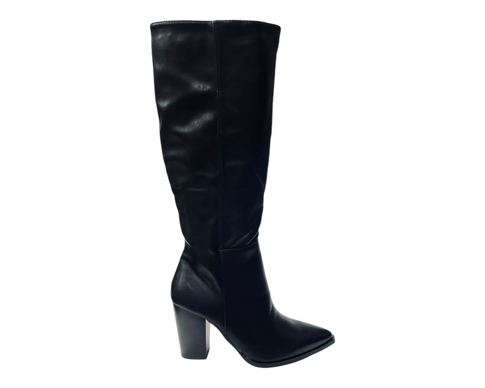 Block Heel Knee High Faux Leather Boots