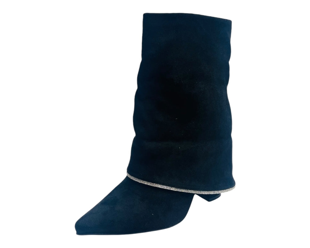 Block Heel Fold Over Rhinestone Ankle Boots