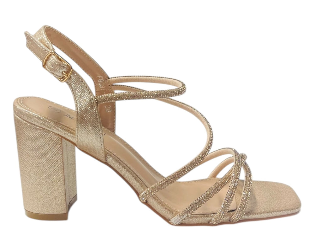 Diamante Glitter Ankle Strap Block Heel Shoes