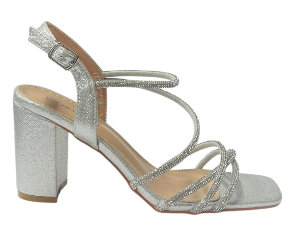 Diamante Glitter Ankle Strap Block Heel Shoes