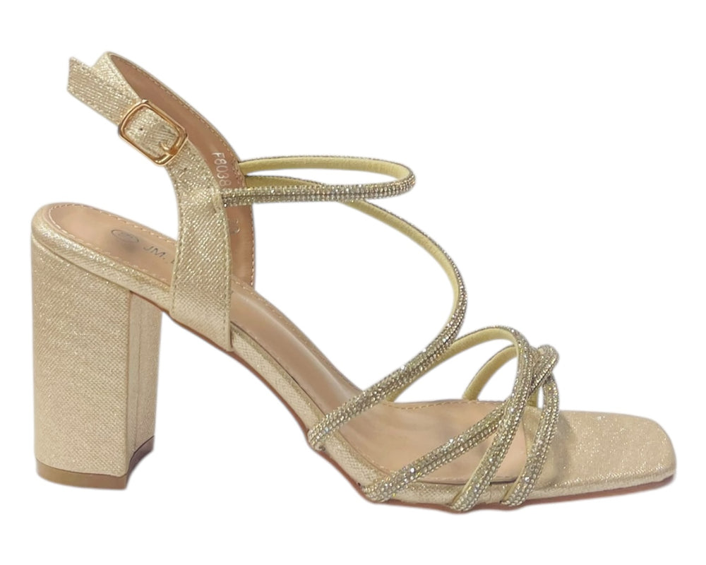 Diamante Glitter Ankle Strap Block Heel Shoes