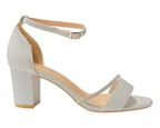 Glitter Ankle Strap Block Heel Diamante Shoes