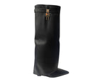 Faux Leather Padlock Knee High Fold Over Wedge Heel Boots