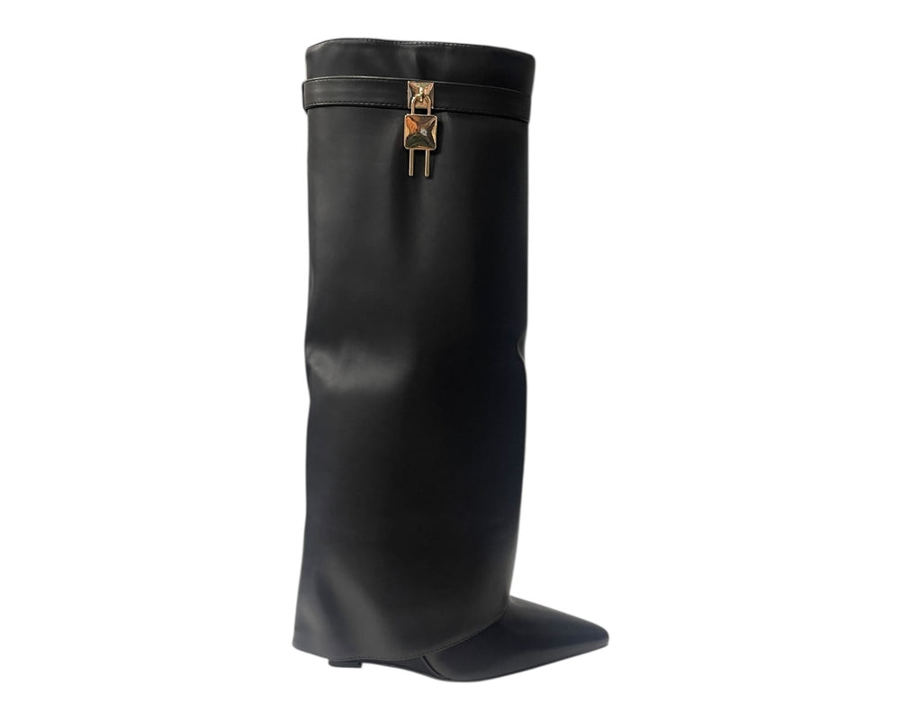 Faux Leather Padlock Knee High Fold Over Wedge Heel Boots
