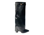 Knee High Faux Leather Fold Over Wedge Heel Boots