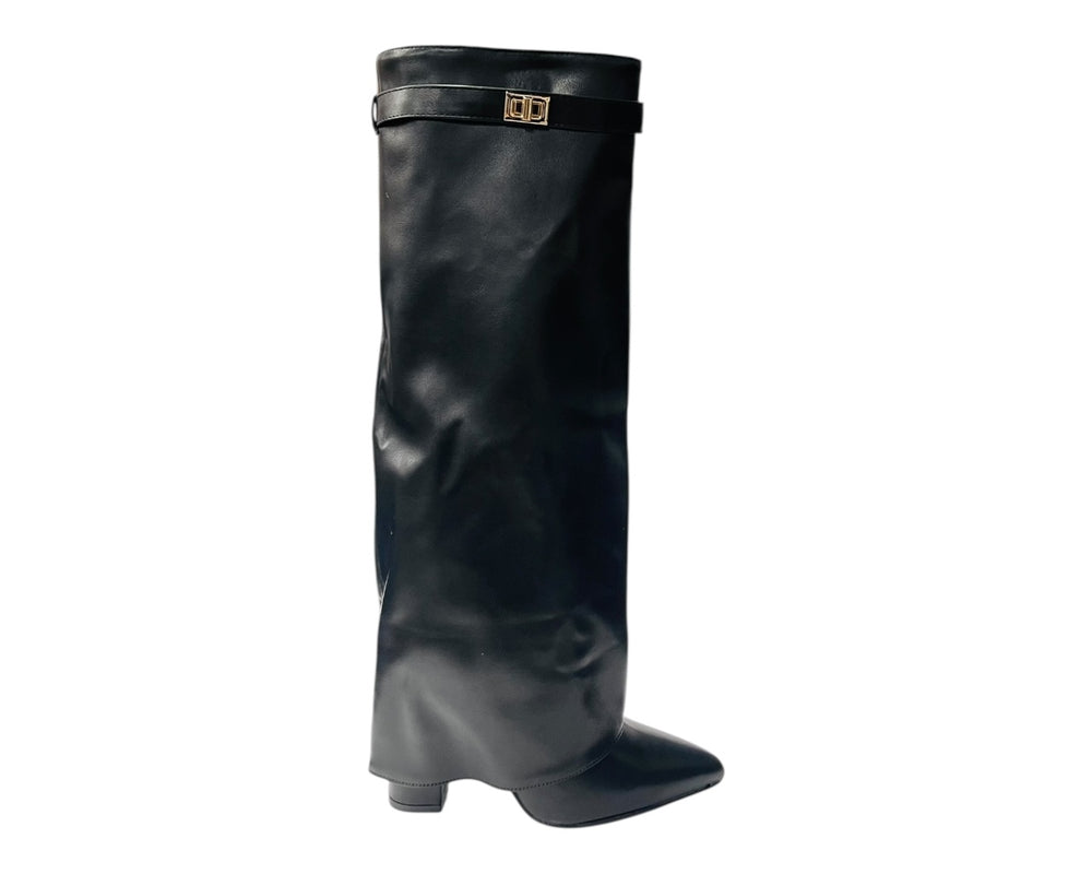 Knee High Faux Leather Fold Over Wedge Heel Boots
