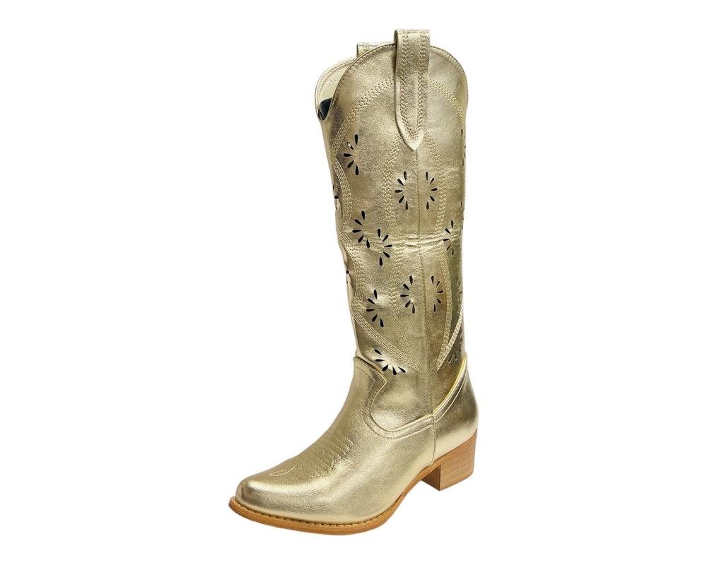 Embroidered Laser Cut Cowboy Calf Length Boots