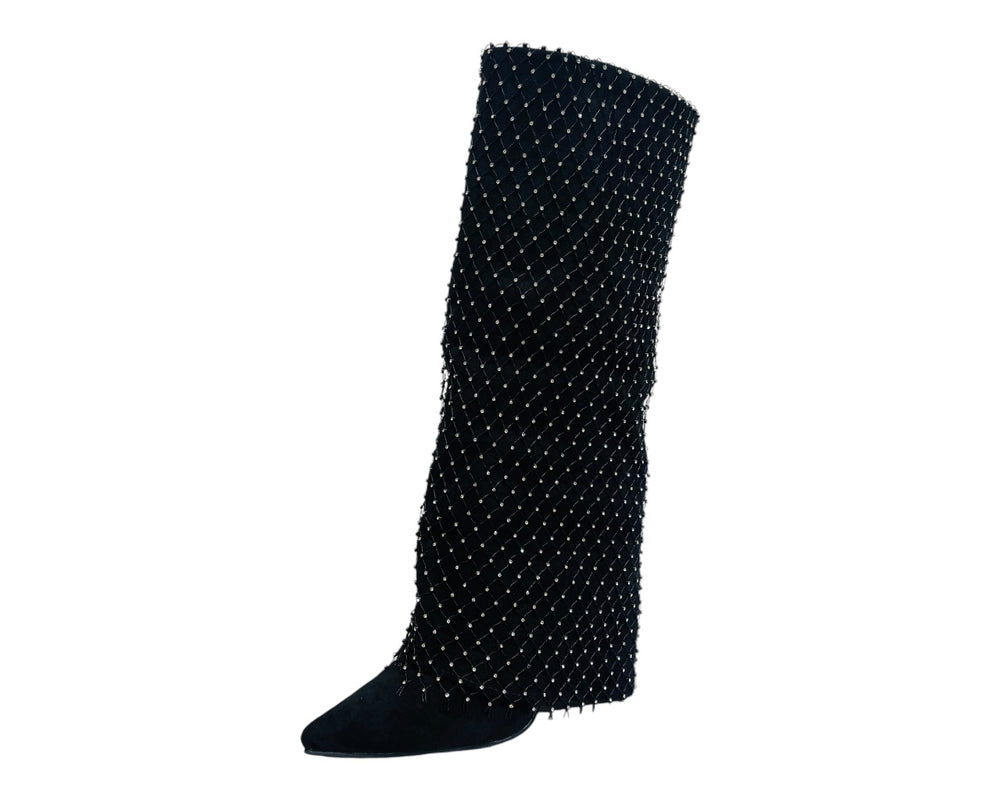 Fold Over Kneel High Diamante Fishnet Boots