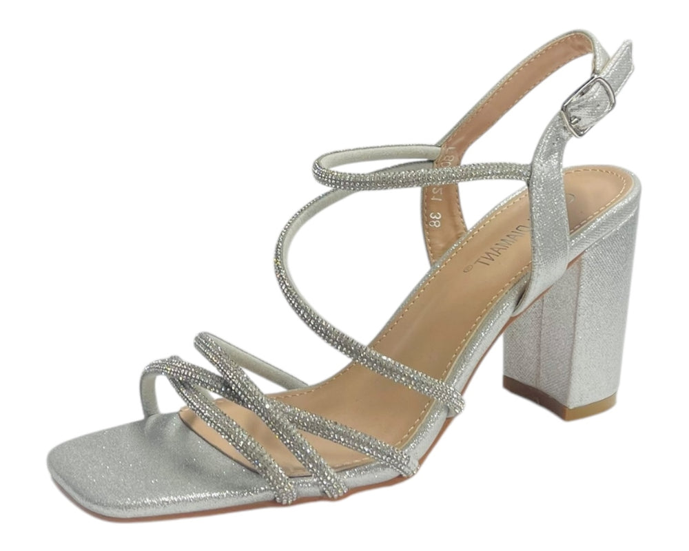 Diamante Glitter Ankle Strap Block Heel Shoes
