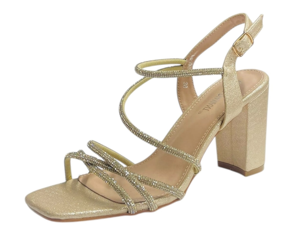Diamante Glitter Ankle Strap Block Heel Shoes