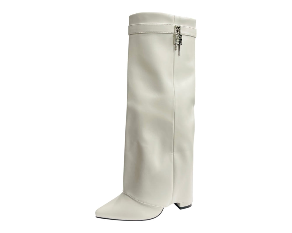 Padlock Details Knee High Fold Over Block Heel Boots