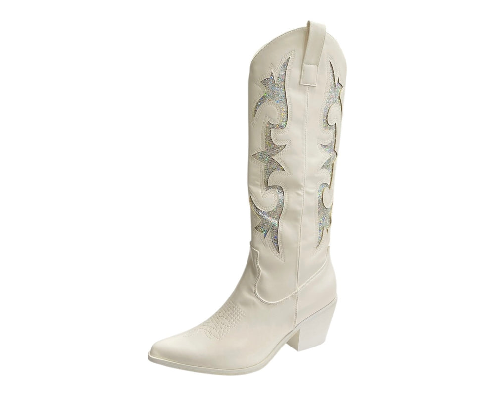Faux Leather Sequins Embroidery Cowboy Boots