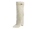 Knee High Faux Leather Fold Over Wedge Heel Boots