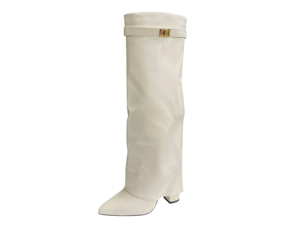 Knee High Faux Leather Fold Over Wedge Heel Boots