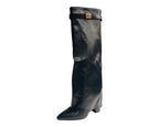 Knee High Faux Leather Fold Over Wedge Heel Boots