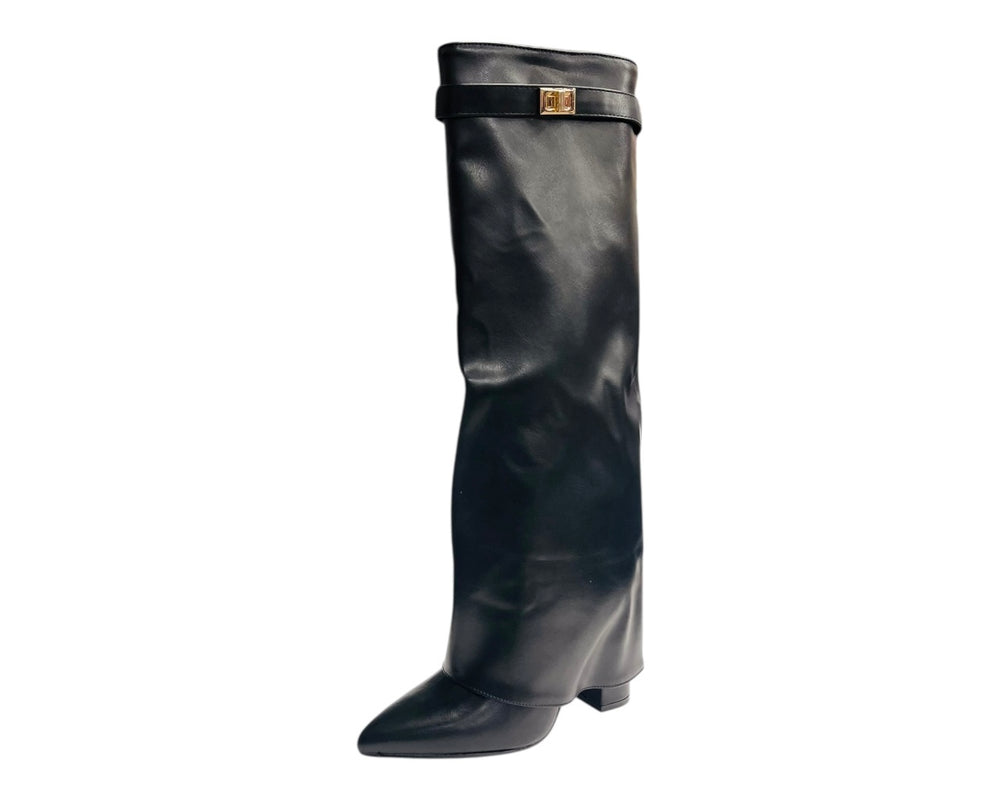 Knee High Faux Leather Fold Over Wedge Heel Boots