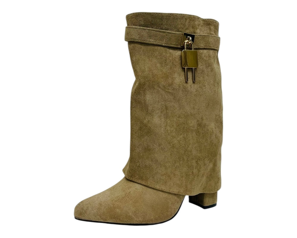 Faux Suede Fold Over Padlock Ankle Boots