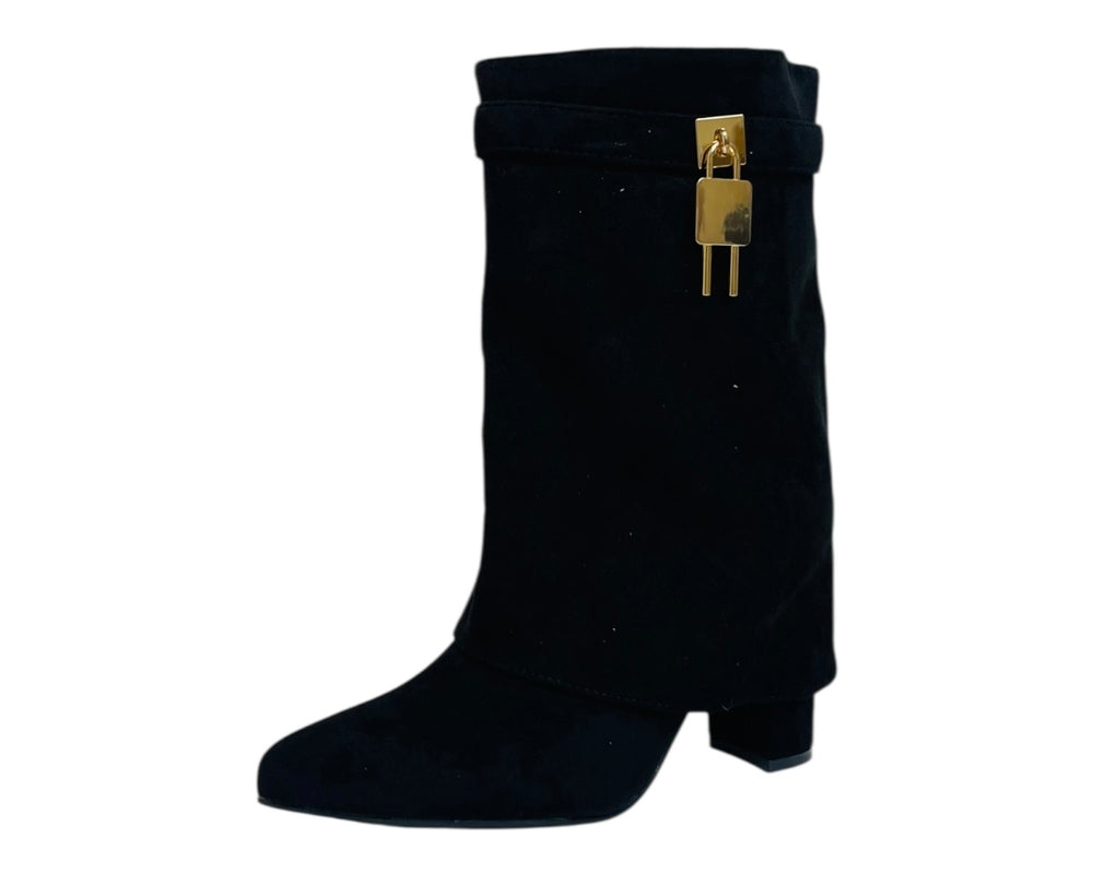 Faux Suede Fold Over Padlock Ankle Boots
