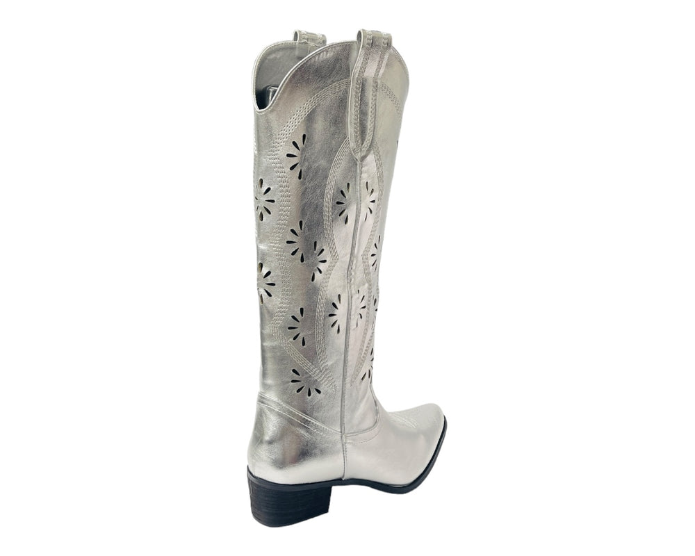 Embroidered Laser Cut Cowboy Calf Length Boots