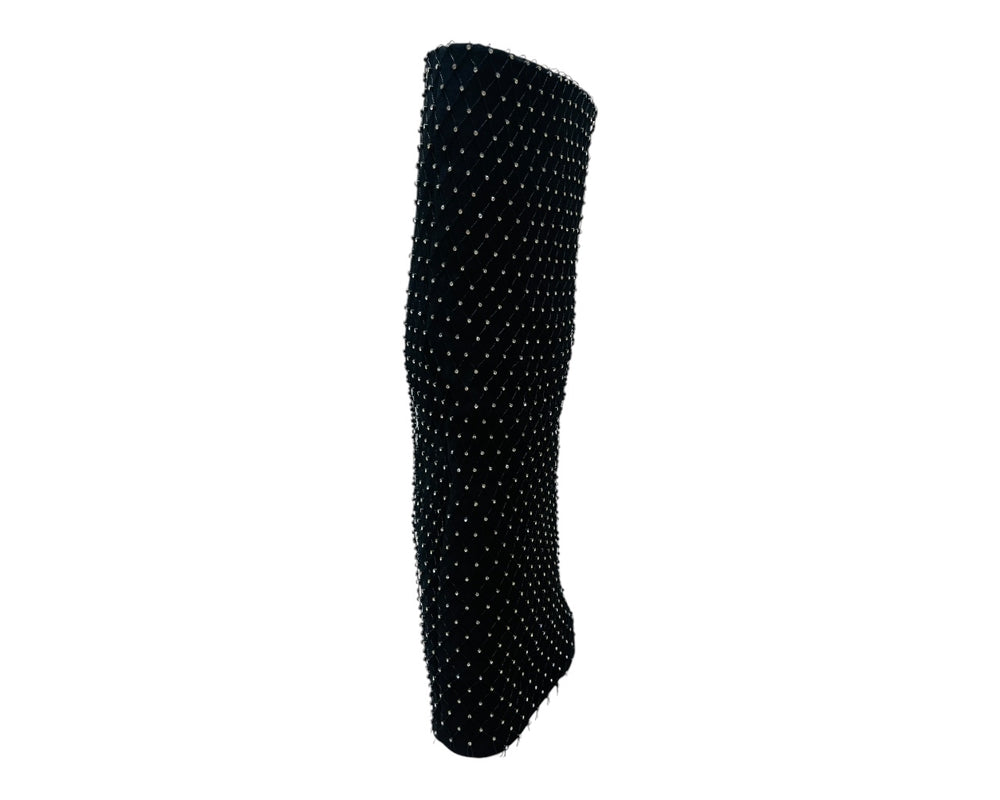 Fold Over Kneel High Diamante Fishnet Boots