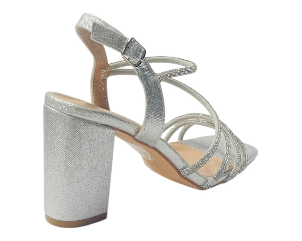 Diamante Glitter Ankle Strap Block Heel Shoes