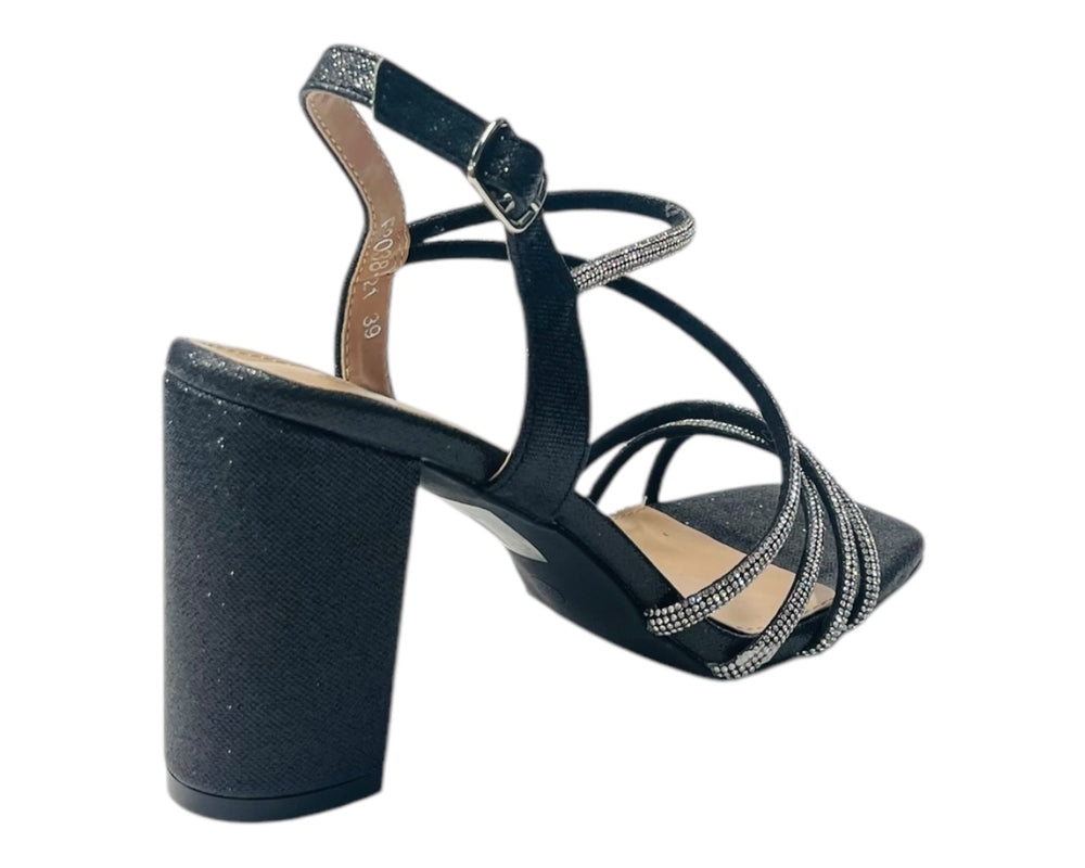 Diamante Glitter Ankle Strap Block Heel Shoes