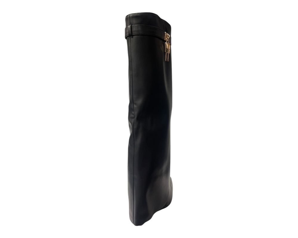 Faux Leather Padlock Knee High Fold Over Wedge Heel Boots