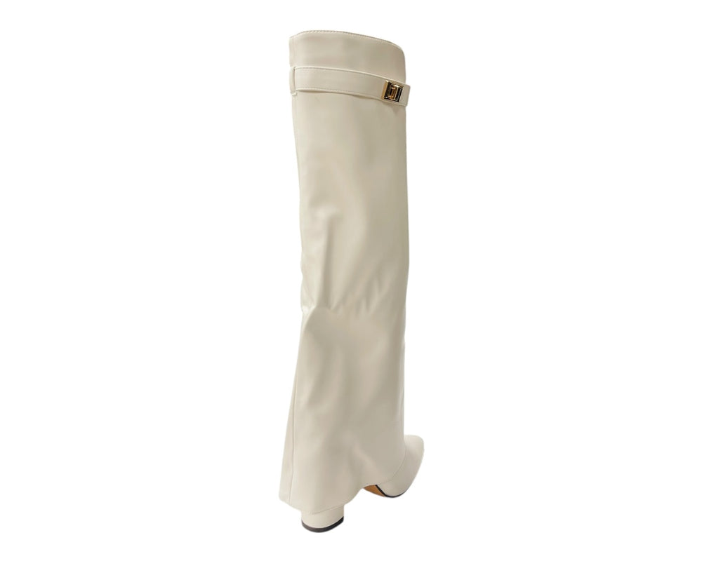 Knee High Faux Leather Fold Over Wedge Heel Boots