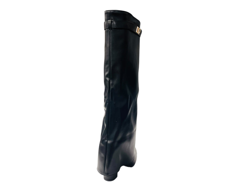 Knee High Faux Leather Fold Over Wedge Heel Boots