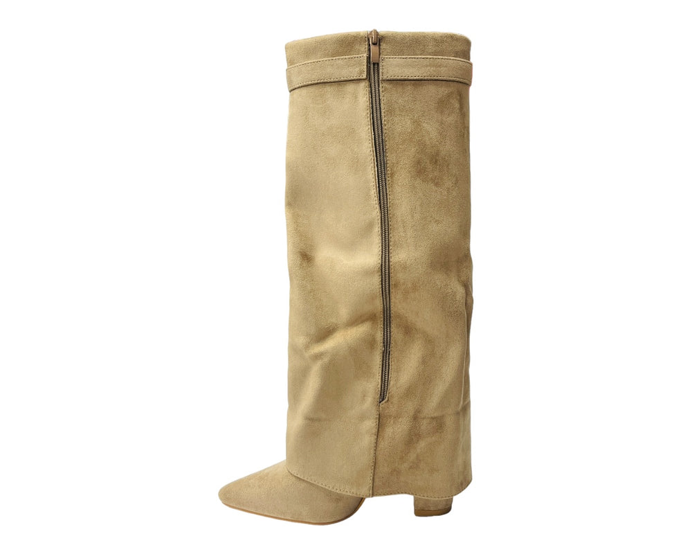 Faux Suede Calf High Fold Over Block Heel Boots