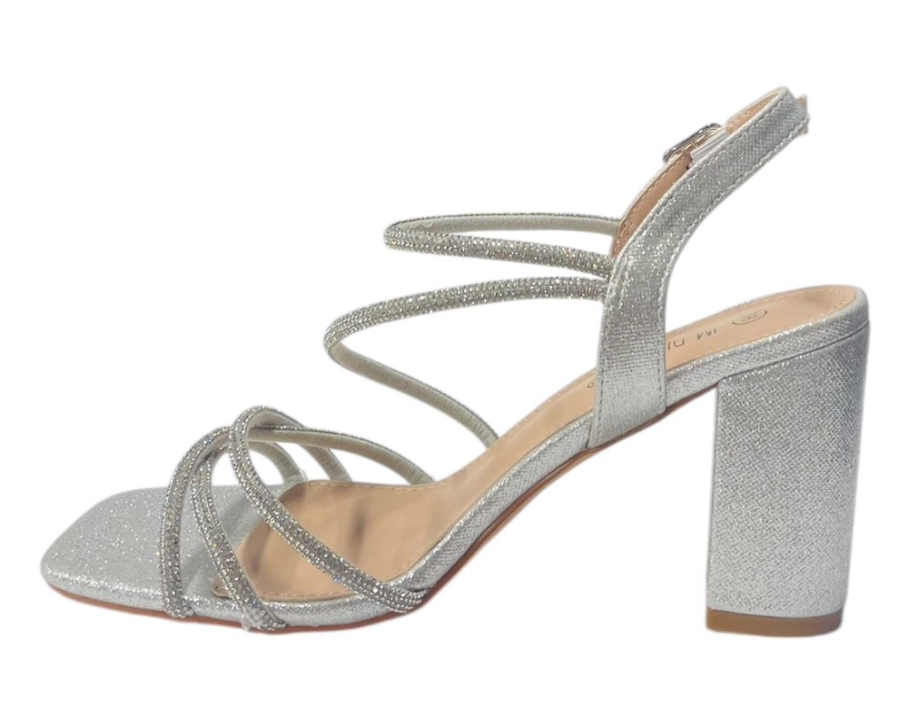 Diamante Glitter Ankle Strap Block Heel Shoes