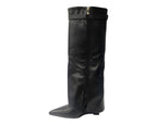Faux Leather Padlock Knee High Fold Over Wedge Heel Boots