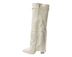 Knee High Faux Leather Fold Over Wedge Heel Boots