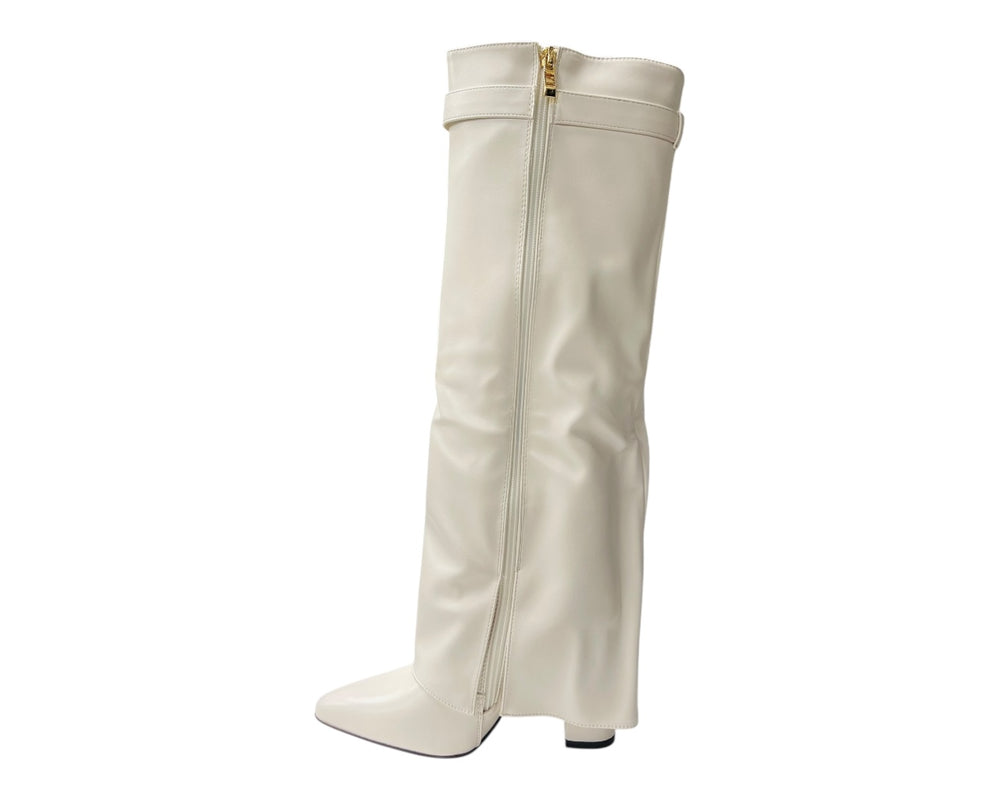 Knee High Faux Leather Fold Over Wedge Heel Boots
