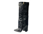Knee High Faux Leather Fold Over Wedge Heel Boots