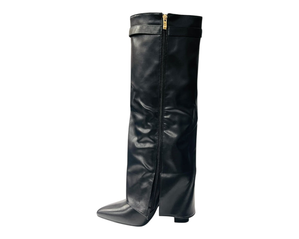 Knee High Faux Leather Fold Over Wedge Heel Boots