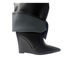 Faux Leather Padlock Knee High Fold Over Wedge Heel Boots