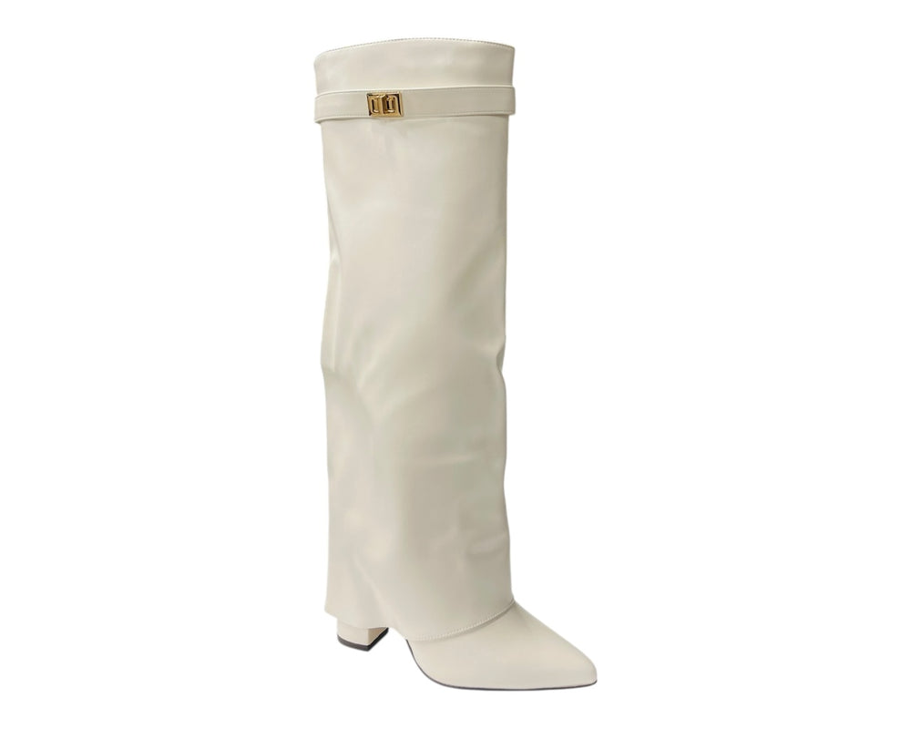 Knee High Faux Leather Fold Over Wedge Heel Boots