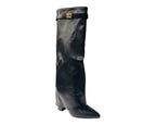 Knee High Faux Leather Fold Over Wedge Heel Boots
