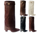 Knee High Faux Leather Fold Over Block Heel Boots