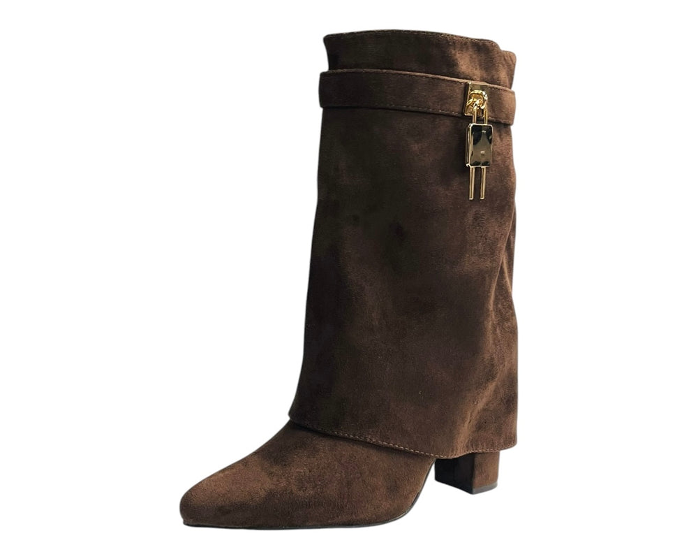 Faux Suede Fold Over Padlock Ankle Boots