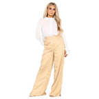 Women's Camel High Waist Wide Flared Leg Palazzo Pant with Side Slits Design Summer Button Pull-On Trousers Work Office Club Party Streetwear - Elaina Fashion
