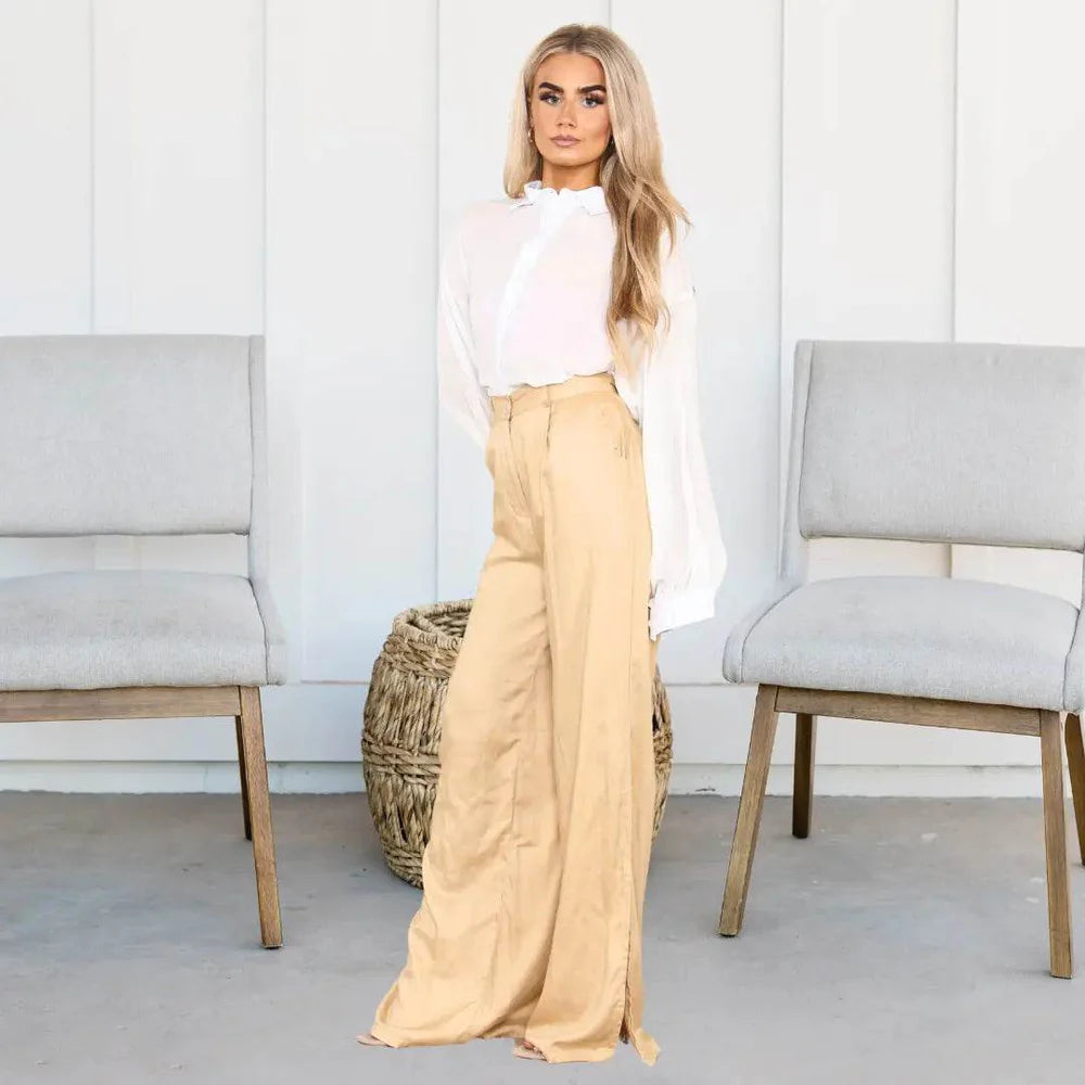 Women's Camel High Waist Wide Flared Leg Palazzo Pant with Side Slits Design Summer Button Pull-On Trousers Work Office Club Party Streetwear - Elaina Fashion