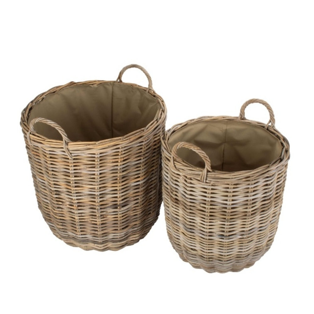 Hessian Lined Tall Round Fireside Rattan Log Basket