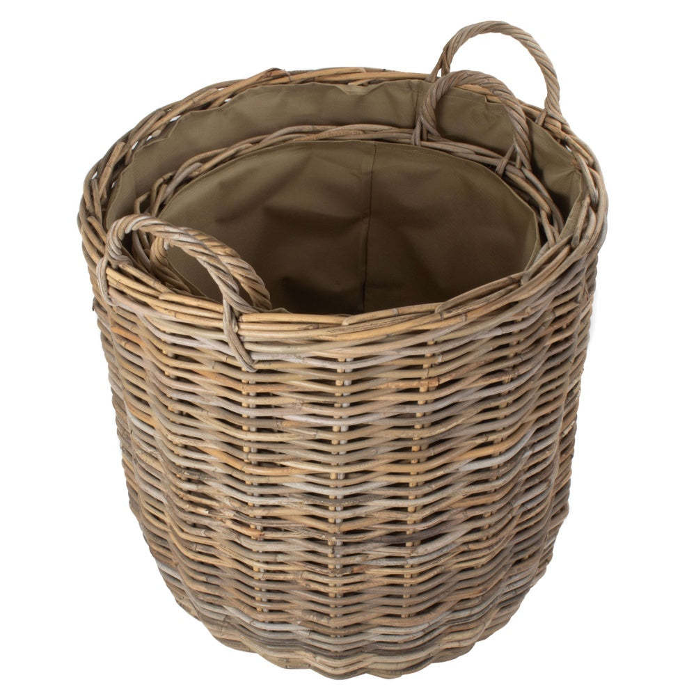 Hessian Lined Tall Round Fireside Rattan Log Basket